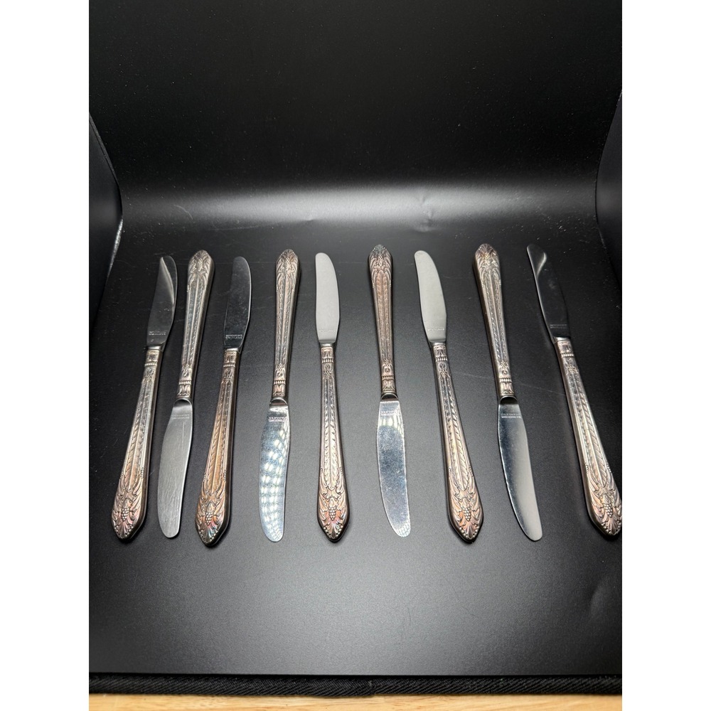 1847‎ Rogers Bros Stainless Butter Knives Set Ornate Grape Leaf Handle Set Of 8